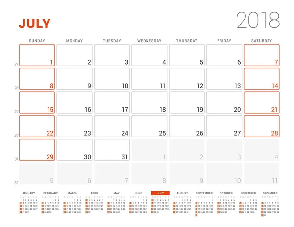 Modelo de calendário para 2018 Ano. Julho. Planejador de Negócios com Calendário de Ano. Desenho de papelaria. A semana começa no domingo. Ilustração vetorial —  Vetores de Stock