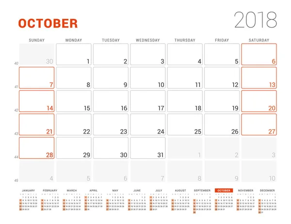 Kalendersjabloon voor 2018 jaar. Oktober. Business Planner met jaarkalender. Briefpapierontwerp. Week begint op zondag. Vectorillustratie — Stockvector