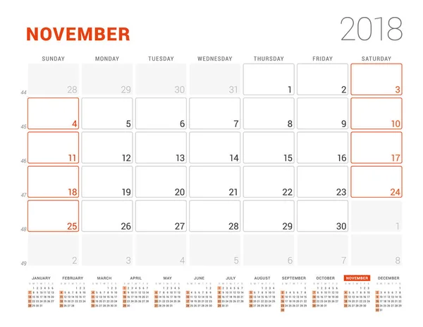 Plantilla de calendario para 2018 Año. Noviembre. Planificador de Negocios con Calendario de Año. Diseño de Papelería. La semana comienza el domingo. Ilustración vectorial — Vector de stock