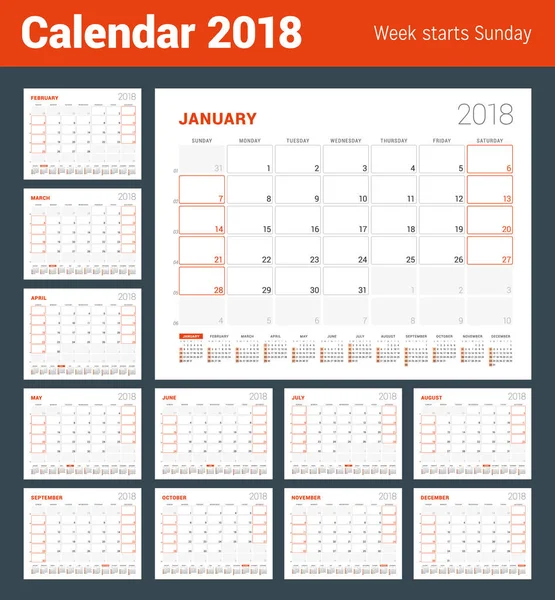 Plantilla de calendario para 2018 Año. Conjunto de 12 meses. Planificador de Negocios con Calendario de Año. Diseño de Papelería. La semana comienza el domingo. Ilustración vectorial — Vector de stock