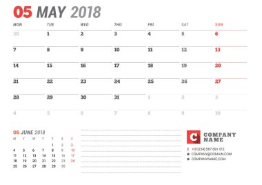 Takvim şablonu Mayıs 2017. İş planlayıcısı. İleti örneği tasarımı. Hafta Pazartesi günü başlar. 2 ay sayfasında. Vektör çizim