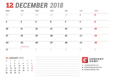 Takvim şablonu Aralık 2017. İş planlayıcısı. İleti örneği tasarımı. Hafta Pazartesi günü başlar. 2 ay sayfasında. Vektör çizim