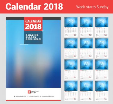 Duvar takvimi planlayıcısı 2018 yıl için. 12 ay kümesi. Vektör yazdırma şablonu fotoğraf için bir yer. Hafta Pazar günü başlar. Sayfa 2 ay