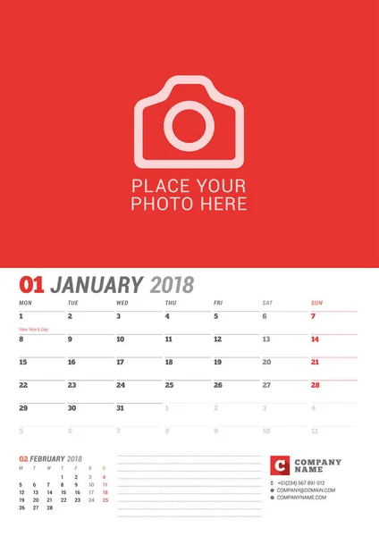 Vägg kalender Planner för 2018 år. Januari. Vector utskriftsmall med plats för foto. Veckan börjar på måndag. 2 månader på sidan — Stock vektor