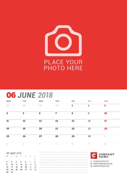 Vägg kalender Planner för 2018 år. Juni. Vector utskriftsmall med plats för foto. Veckan börjar på måndag. 2 månader på sidan — Stock vektor