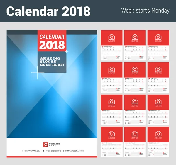 Planejador de calendário de parede para 2018 Ano. Conjunto de 12 Meses. Modelo de impressão vetorial com lugar para foto. A semana começa na segunda-feira. 2 Meses na página —  Vetores de Stock