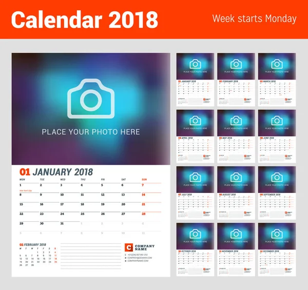 Planejador de calendário de parede para 2018 Ano. Conjunto de 12 Meses. Modelo de impressão vetorial com lugar para foto. A semana começa na segunda-feira. 2 Meses na página —  Vetores de Stock
