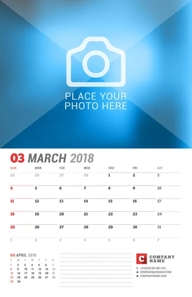 Vägg kalender Planner för 2018 år. Mars. Vector utskriftsmall med plats för foto. Veckan börjar på söndag. 2 månader på sidan — Stock vektor