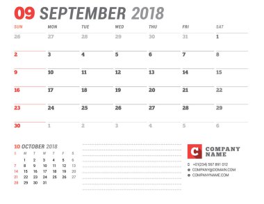 Takvim şablonu 2018 yıl için. Eylül. İş planlayıcısı şablonu. İleti örneği tasarımı. Hafta Pazar günü başlar. 2 ay sayfasında. Vektör çizim