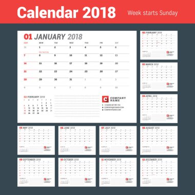 Takvim şablonu 2018 yıl için. İş planlayıcısı şablonu. İleti örneği tasarımı. Hafta Pazar günü başlar. 12 ay kümesi. Vektör çizim