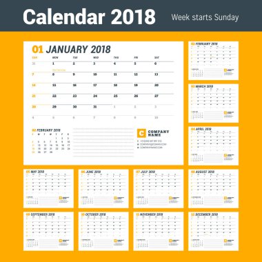 Takvim şablonu 2018 yıl için. İş planlayıcısı şablonu. İleti örneği tasarımı. Hafta Pazar günü başlar. 12 ay kümesi. Vektör çizim