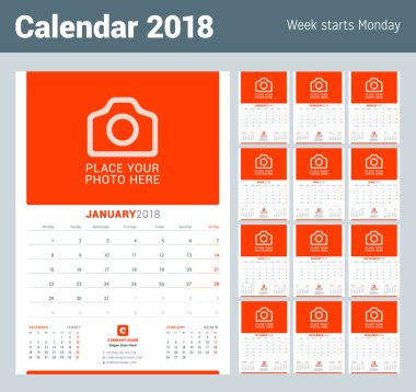 Duvar 2018 yıl için aylık takvim. Vektör tasarım yer için fotoğraf yazdırma şablonu. Hafta Pazartesi günü başlar. Sayfa 3 ay