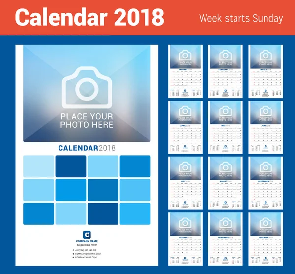 Calendário mensal de parede para 2018 Ano. Modelo de impressão de design vetorial com lugar para foto. A semana começa no domingo. 3 Meses na página —  Vetores de Stock