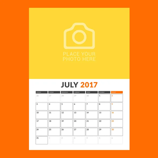 Plantilla de planificador de calendario para julio de 2017. La semana comienza el lunes. Diseño impresión vector plantilla aislada sobre fondo de color — Vector de stock