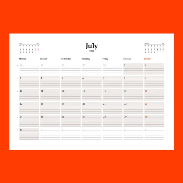 Plantilla de planificador de calendario para julio de 2017. La semana comienza el lunes. Diseño impresión vector plantilla aislada sobre fondo de color — Vector de stock