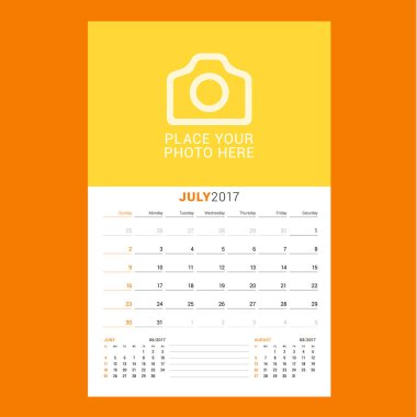 Takvim planlayıcısı şablon Temmuz 2017. Hafta Pazar günü başlar. Renk arka plan üzerinde izole tasarım yazdırma vektör şablonu