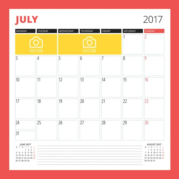 Modèle de planificateur de calendrier pour juillet 2017. La semaine commence lundi. Modèle vectoriel d'impression de conception isolé sur fond couleur — Image vectorielle