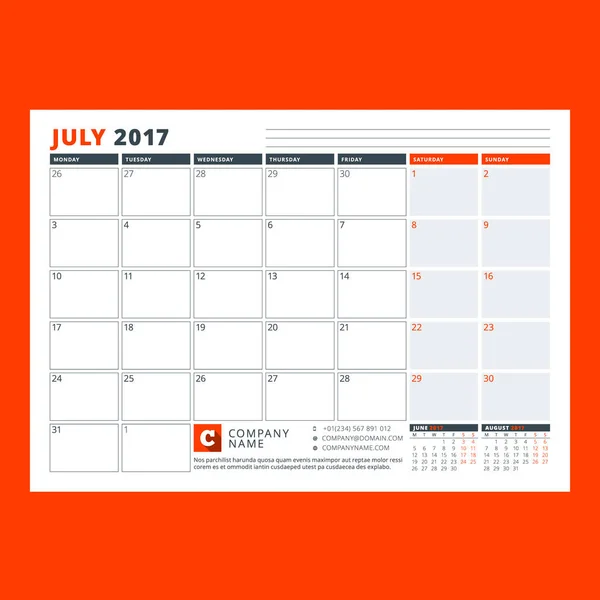 Plantilla de planificador de calendario para julio de 2017. La semana comienza el lunes. Diseño impresión vector plantilla aislada sobre fondo de color — Vector de stock