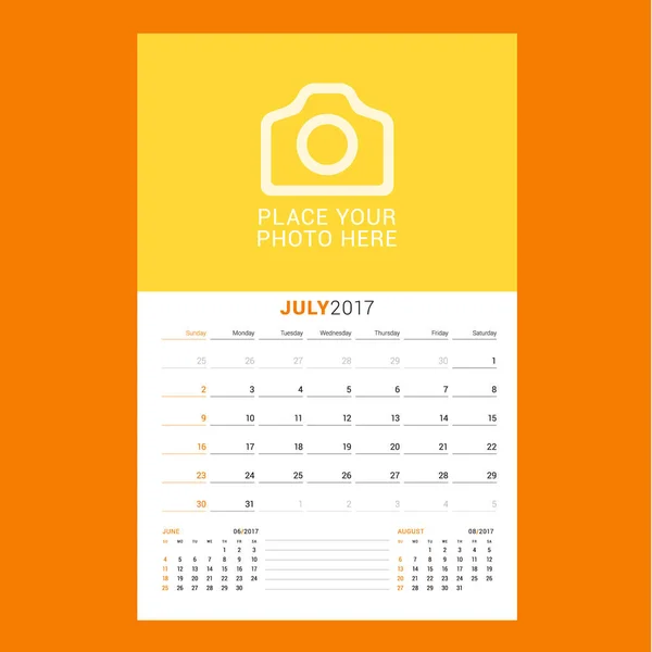 Modèle de planificateur de calendrier pour juillet 2017. La semaine commence dimanche. Modèle vectoriel d'impression de conception isolé sur fond couleur — Image vectorielle