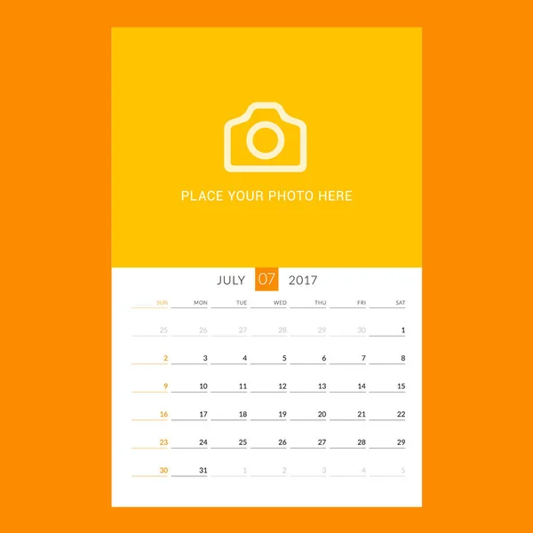 Calendar planner template for July 2017. Week starts on Sunday. Design print vector template isolated on color background — Stock Vector