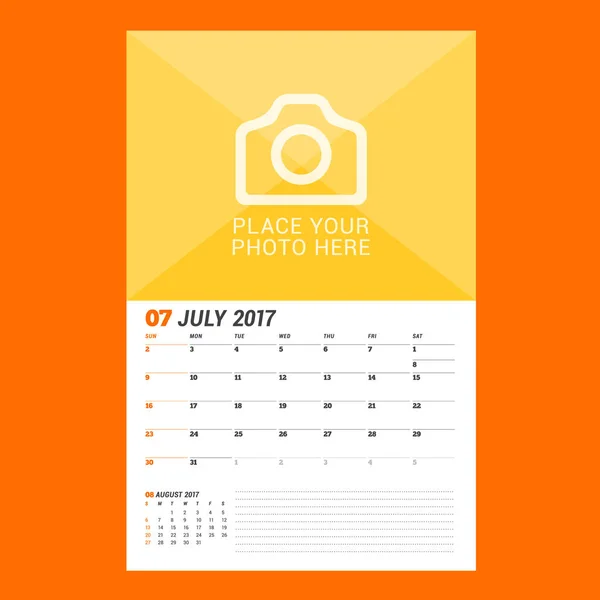 Kalenderplanervorlage für Juli 2017. Die Woche beginnt am Sonntag. Design Druckvektorvorlage isoliert auf farbigem Hintergrund — Stockvektor