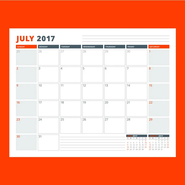 Modèle de planificateur de calendrier pour juillet 2017. La semaine commence dimanche. Modèle vectoriel d'impression de conception isolé sur fond couleur — Image vectorielle
