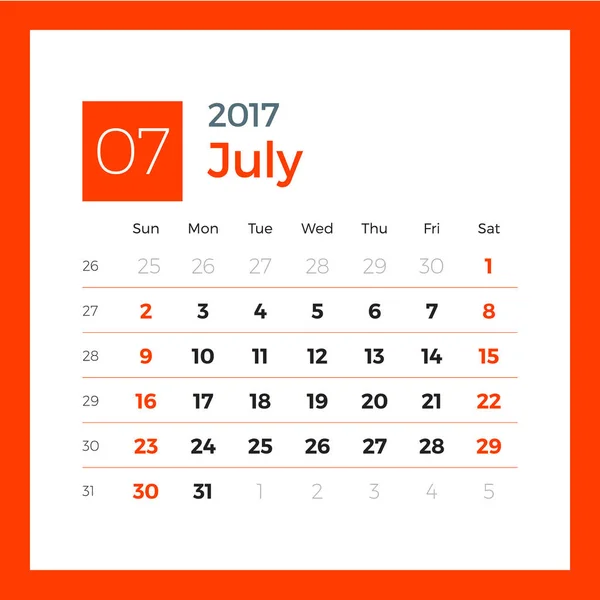 Plantilla de calendario para julio de 2017. La semana comienza el domingo. Diseño impresión vector plantilla aislada sobre fondo de color — Vector de stock