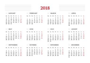 Beyaz arka plan üzerinde 2018 yıl için takvim. Vektör tasarım yazdırma şablonu. Hafta Pazartesi günü başlar. İleti örneği tasarım