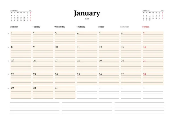 Vektorkalenderplaner-Vorlage für das Jahr 2018. Januar. Schreibwarendesign. Die Woche beginnt am Montag. 3 Monate auf der Seite. Vektorillustration — Stockvektor