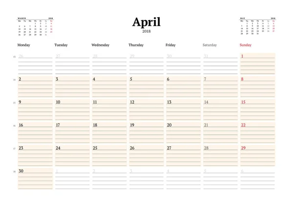 Modèle de planificateur de calendrier vectoriel pour 2018 Année. Avril. Papeterie Design. La semaine commence lundi. 3 mois sur la page. Illustration vectorielle — Image vectorielle