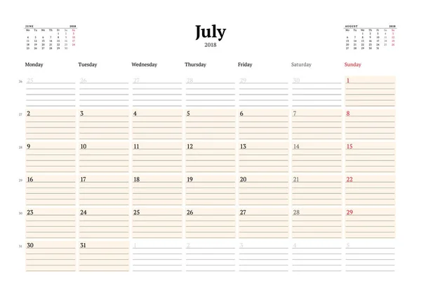 Vektör takvim planlayıcısı şablon 2018 yıl için. Temmuz. İleti örneği tasarımı. Hafta Pazartesi günü başlar. 3 ay sayfasında. Vektör çizim — Stok Vektör
