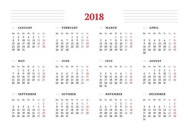 Beyaz arka plan üzerinde 2018 yıl için takvim. Vektör tasarım yazdırma şablonu. Hafta Pazartesi günü başlar. İleti örneği tasarım