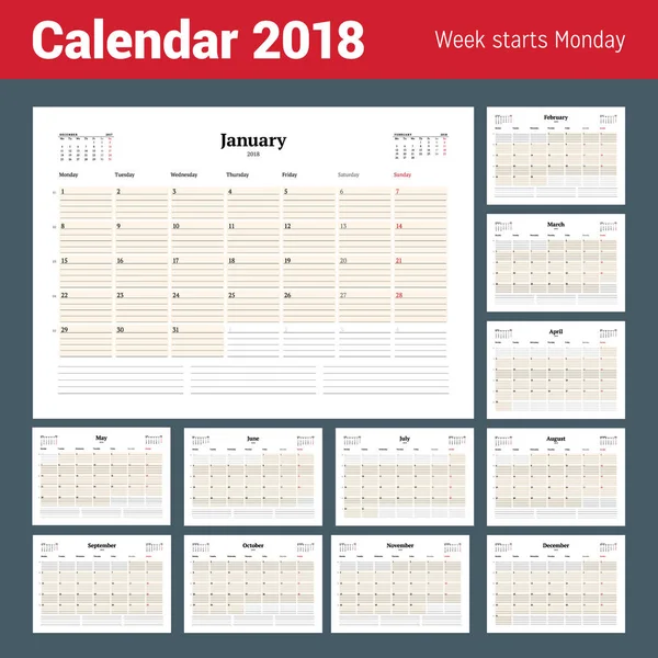 Plantilla de planificador de calendario vectorial para el año 2018. Conjunto de 12 meses. Diseño de Papelería. La semana comienza el lunes. Ilustración vectorial — Vector de stock