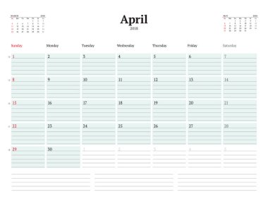 Vektör takvim planlayıcısı şablon 2018 yıl için. Nisan. İleti örneği tasarımı. Hafta Pazar günü başlar. 3 ay sayfasında. Vektör çizim