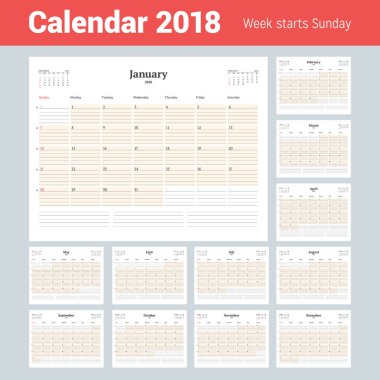 Vektör takvim planlayıcısı şablon 2018 yıl için. İleti örneği tasarımı. Hafta Pazar günü başlar. 12 ay kümesi. Vektör çizim