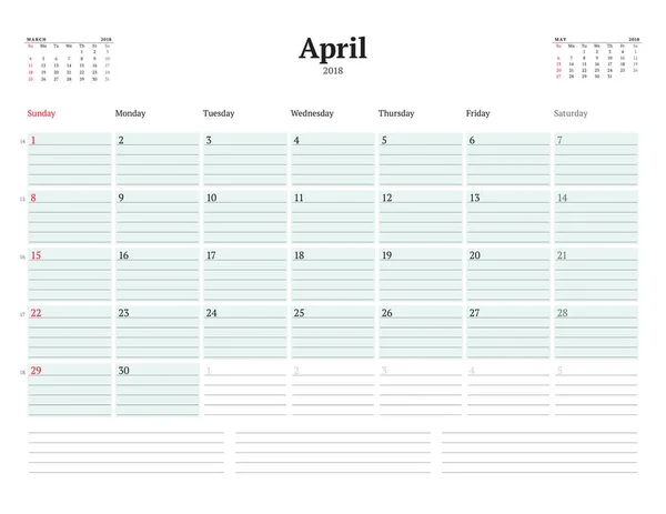 Plantilla de planificador de calendario vectorial para el año 2018. April. Diseño de Papelería. La semana comienza el domingo. 3 meses en la página. Ilustración vectorial — Archivo Imágenes Vectoriales