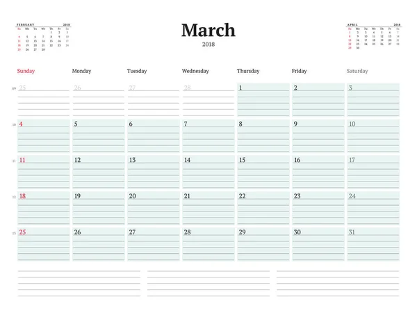 Wektor szablon planowania kalendarza do 2018 roku. Marca. Projektowanie papeterii. Tydzień rozpoczyna się w niedzielę. 3 miesięcy na stronie. Ilustracja wektorowa — Wektor stockowy