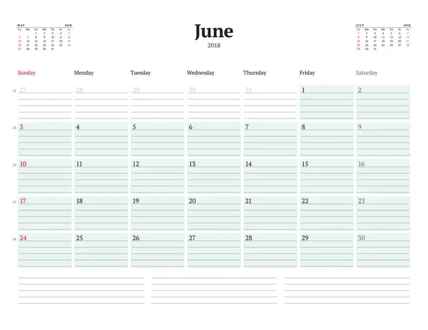 Vektör takvim planlayıcısı şablon 2018 yıl için. Haziran. İleti örneği tasarımı. Hafta Pazar günü başlar. 3 ay sayfasında. Vektör çizim — Stok Vektör