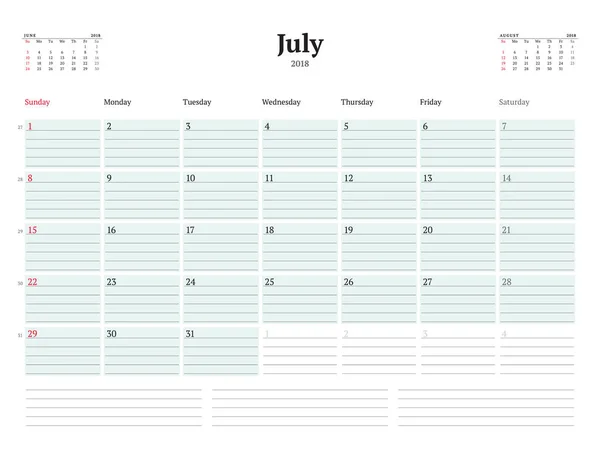 Vektör takvim planlayıcısı şablon 2018 yıl için. Temmuz. İleti örneği tasarımı. Hafta Pazar günü başlar. 3 ay sayfasında. Vektör çizim — Stok Vektör