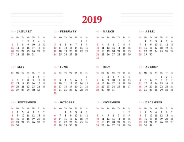 Calendar for 2019 year on white background. Vector design print template. Week starts on Sunday. Stationery design — Stock Vector