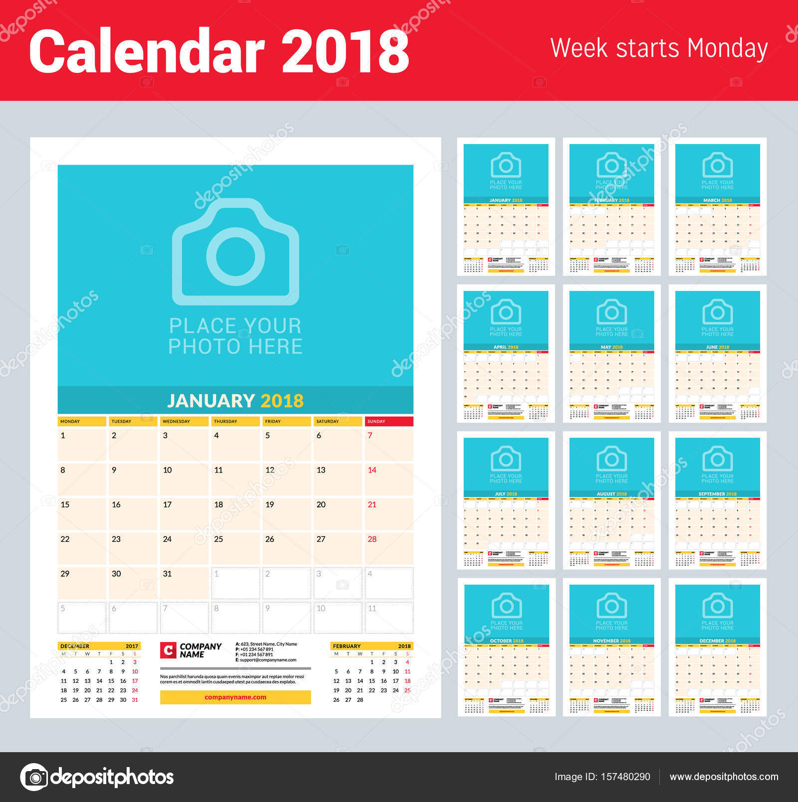 vector monthly calendar planner template for 2018 year vector