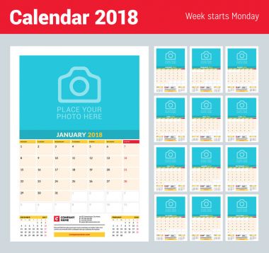 Vektör aylık takvim planlayıcısı şablonu 2018 yıl. Vektör tasarım yer için fotoğraf yazdırma şablonu. Hafta Pazartesi günü başlar. Sayfa 3 ay. İleti örneği tasarım