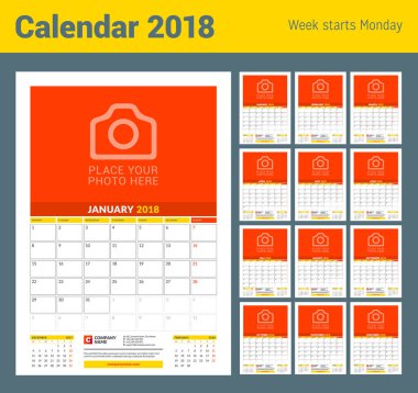 Vektör aylık takvim planlayıcısı şablonu 2018 yıl. Vektör tasarım yer için fotoğraf yazdırma şablonu. Hafta Pazartesi günü başlar. Sayfa 3 ay. İleti örneği tasarım