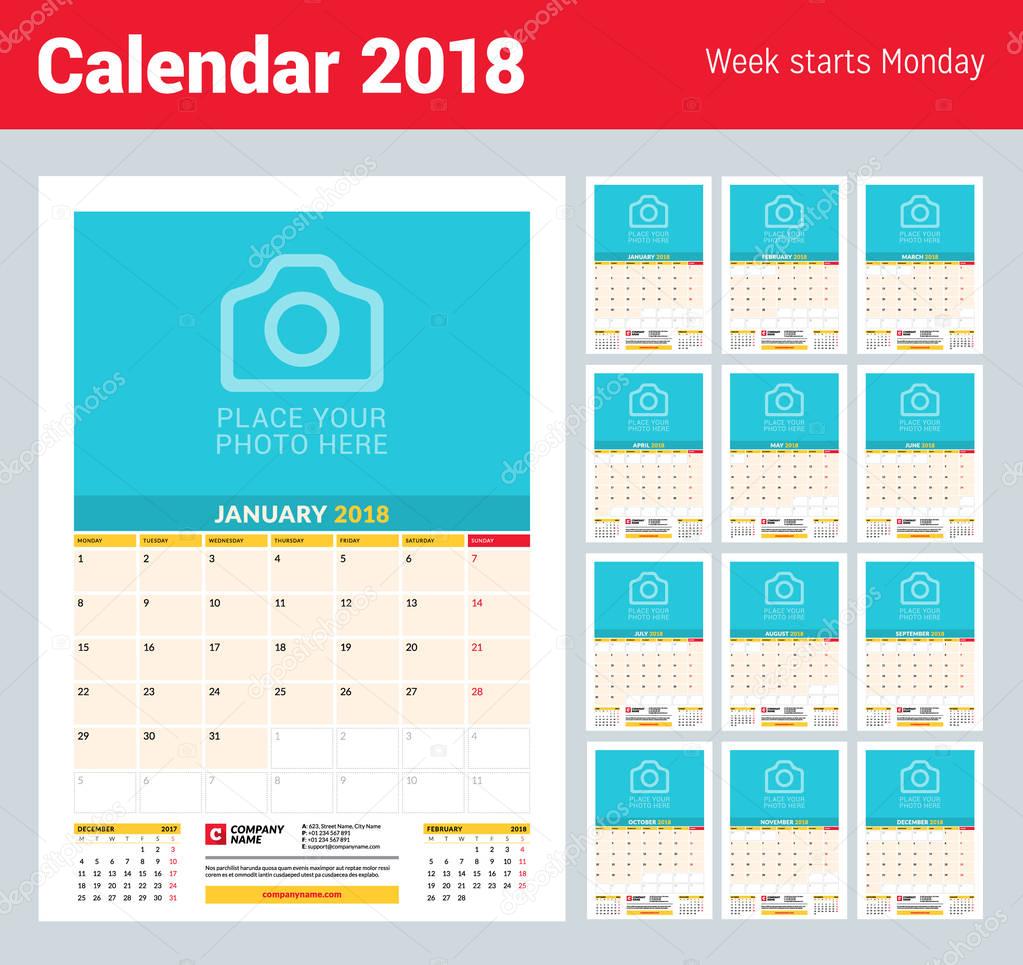 Vector monthly calendar planner template for 2018 year. Vector design print template with place for photo. Week starts on Monday. 3 months on page. Stationery Design