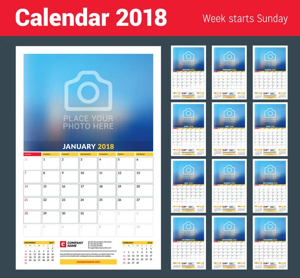 Modelo de planejador de calendário vetorial para 2018 ano. Modelo de impressão de design vetorial com lugar para foto. A semana começa no domingo. 3 meses na página. Design de artigos de papelaria —  Vetores de Stock