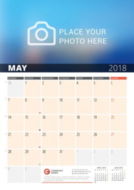 Duvar takvimi planlayıcısı 2018 yıl için. Vektör tasarım fotoğraf ve notlar için yazdırma şablonu. Ayın Evreleri. Hafta başlıyor Pazartesi. Sayfa 3 ay. Mayıs 2018