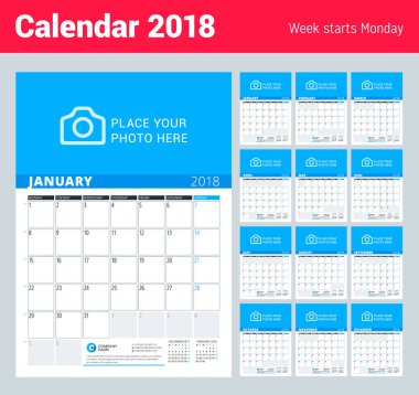 Duvar takvimi planlayıcısı 2018 yıl için. Vektör tasarım fotoğraf ve notlar için yazdırma şablonu. Ayın Evreleri. Hafta başlıyor Pazartesi. 12 ay kümesi