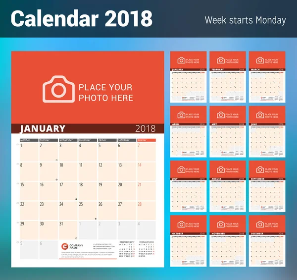 Planejador de calendário de parede para 2018 Ano. Modelo de impressão de design vetorial com lugar para foto e notas. Fases da Lua. A semana começa segunda-feira. Conjunto de 12 Meses —  Vetores de Stock
