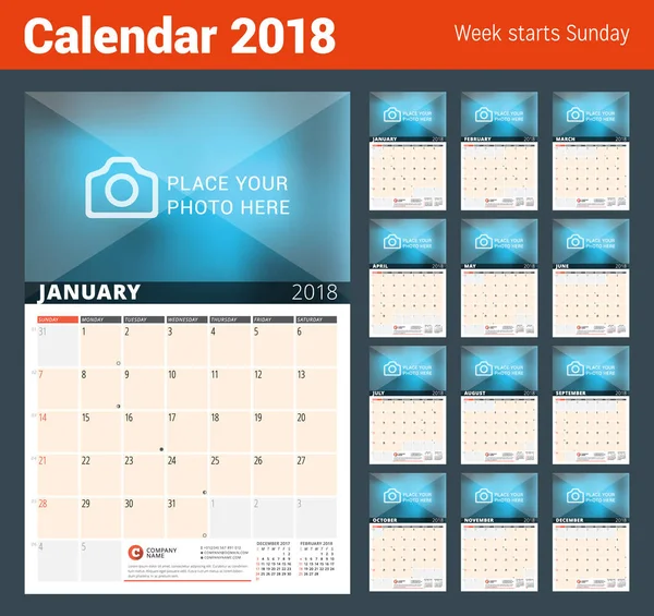 Planejador de calendário de parede para 2018 Ano. Modelo de impressão de design vetorial com lugar para foto e notas. Fases da Lua. Semana começa domingo —  Vetores de Stock