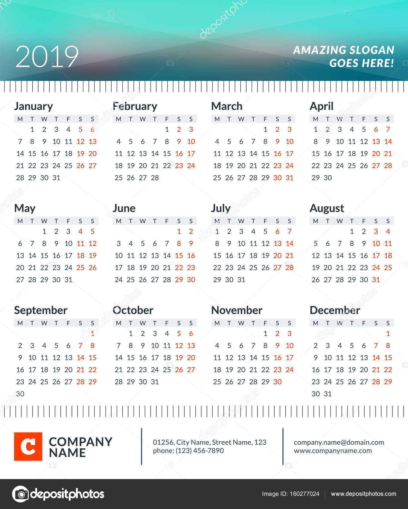 Calendar Poster For 19 Year Week Starts On Monday 12 Months On Page Vector Design Print Template With Place For Photo And Company Information Stock Vector C Mikhailmorosin